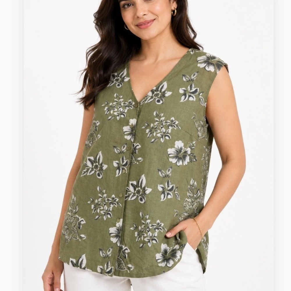 White Stag Womens XL Green Oasis Linen Blend Floral Hibiscus Tropical Top Blouse